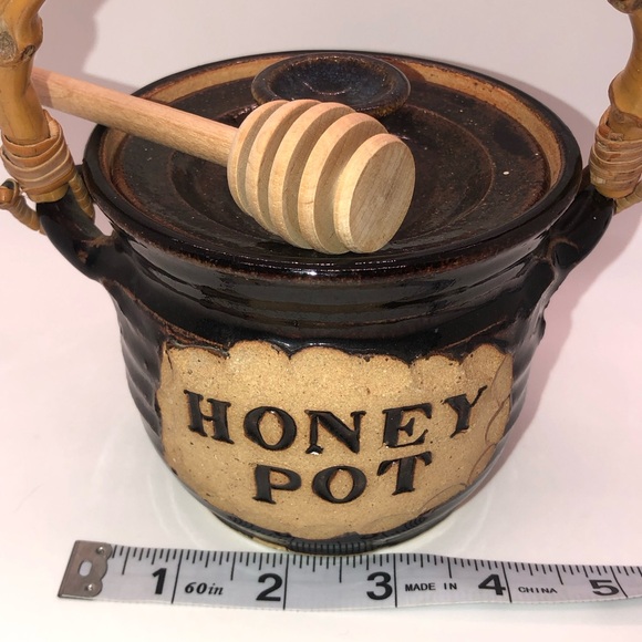 Studio Art Pottery Honey Pot With Lid And Dipper, Bamboo Handle, Signed - Picture 11 of 11